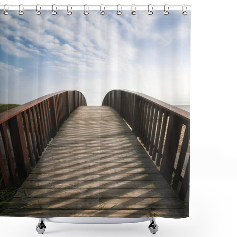 Personality  Bridge Going Up Toward Sky. Walkway On Sylt Island, At North Sea Shower Curtains