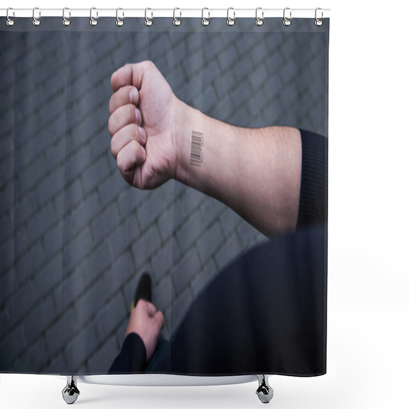 Personality  Cropped View Of Barcode On Male Hand  With Bricks On Background  Shower Curtains