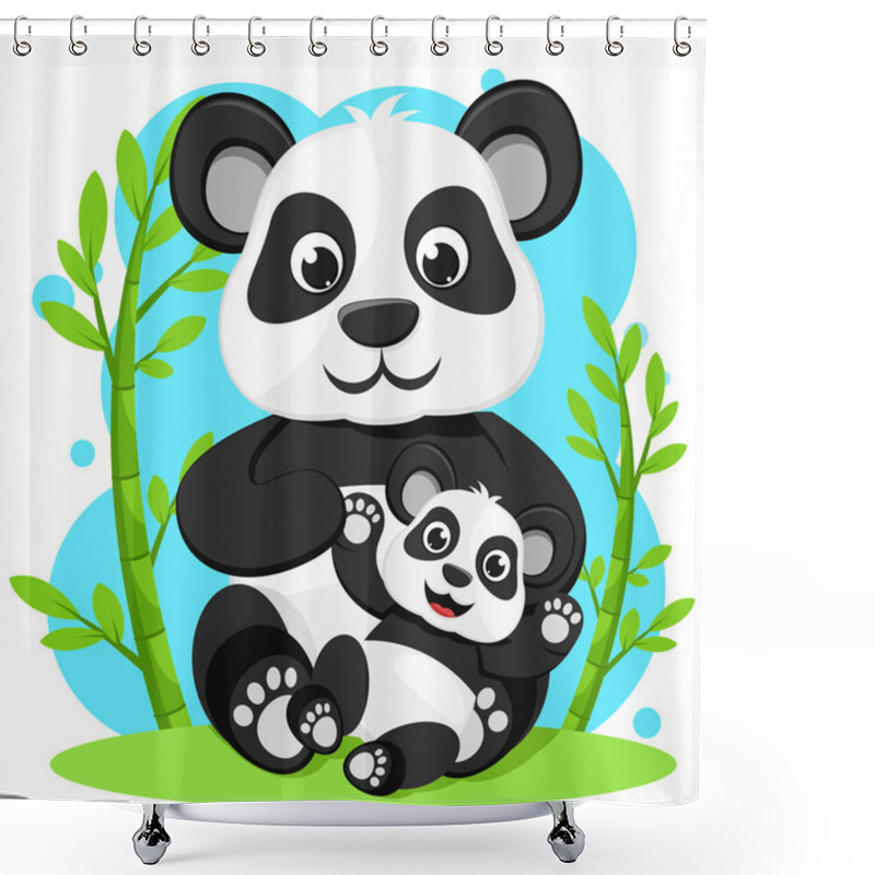 Personality  Panda Bear With Little Panda Sitting Near The Bamboo. Character Shower Curtains