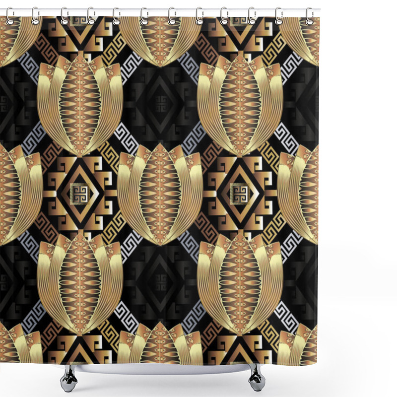 Personality  Ornate Gold 3d Floral Greek Vector Seamless Pattern. Ornamental Geometric Abstract Background. Striped Textured Tulips Flowers. Greek Key Meanders Ornament. Beautiful Modern Design. Surface Texture Shower Curtains