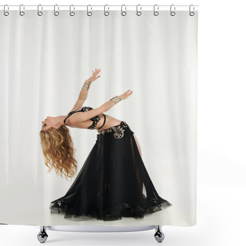 Personality  Elegant Woman In Black Dress Showcasing Belly Dance Moves. Shower Curtains