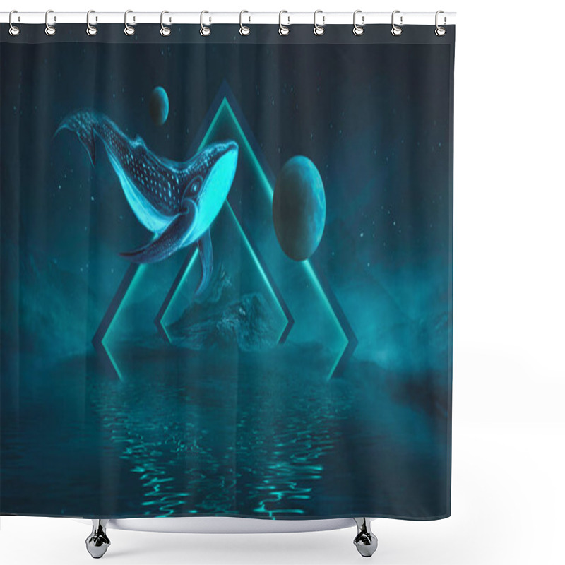 Personality  Abstract Night Fantasy Landscape With An Island, A Whale In The Sky, A Dark Fantasy Scene, An Unreal World, A Fish, A Whale, A Sperm Whale. Reflection Of Neon Light, Water, Depths Of The Sea. Night Fantasy Galaxy Space Landscape.  Shower Curtains