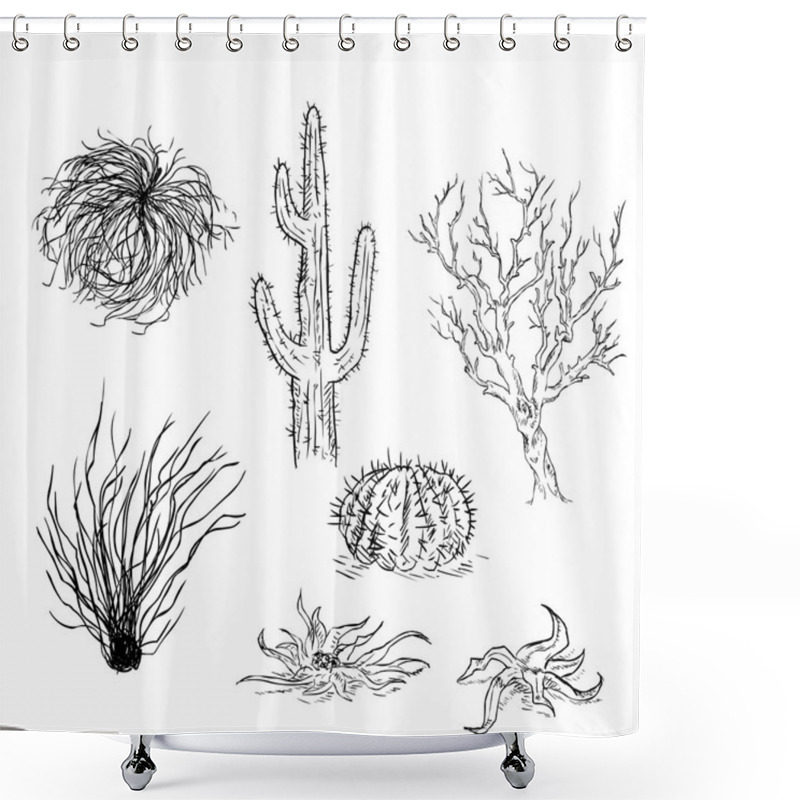 Personality  Set Of Sketch Cactuses And Desert Plants Shower Curtains