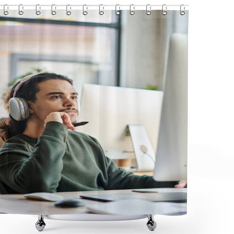 Personality  Thoughtful Male Professional In Headphones Holding Stylus Pen And Working On Project At His Desk Shower Curtains