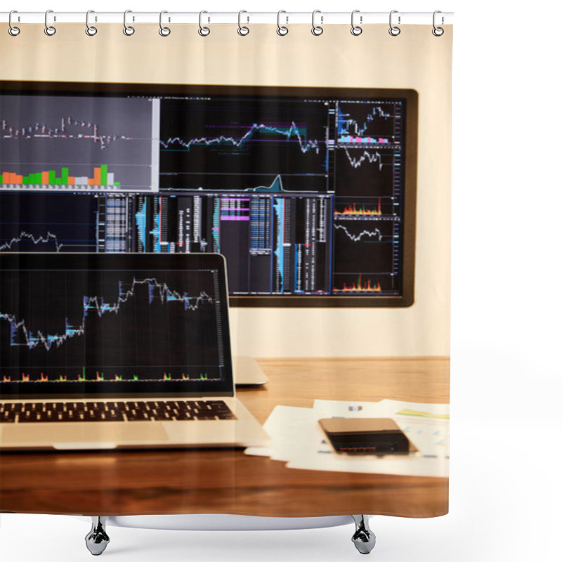 Personality  Laptop And Computer With Charts And Graphs, Documents And Smartphone On Table   Shower Curtains