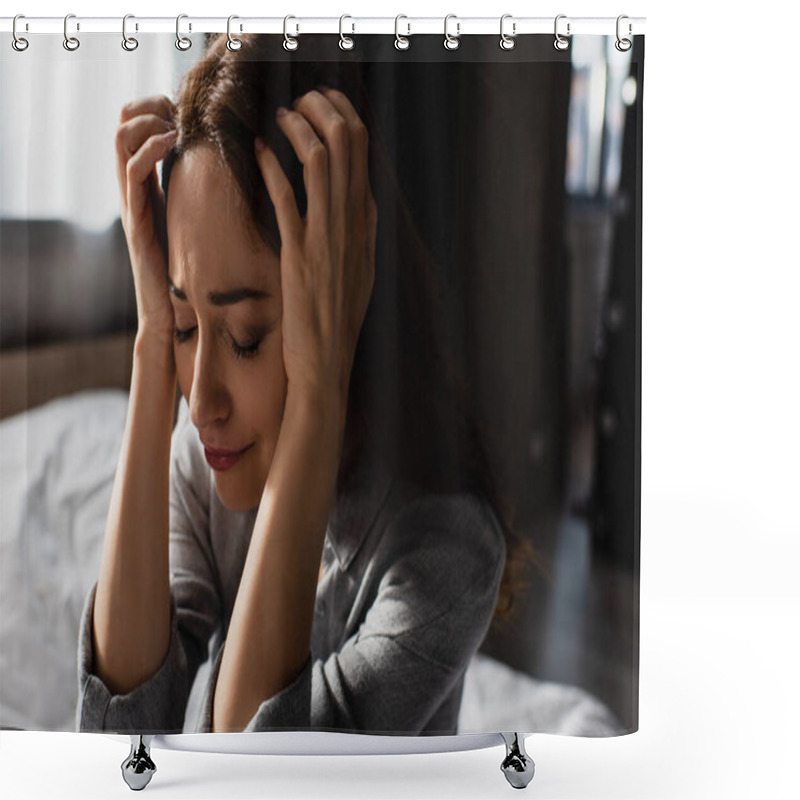 Personality  Upset And Brunette Woman Touching Hair While Crying At Home Shower Curtains