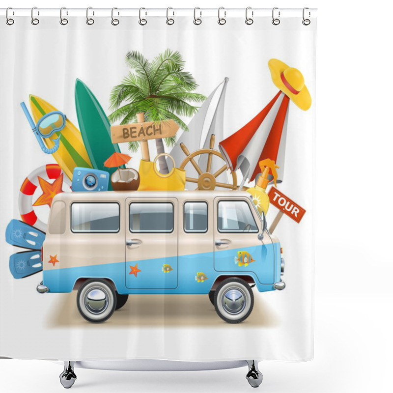 Personality  Vector Beach Concept With Bus Shower Curtains