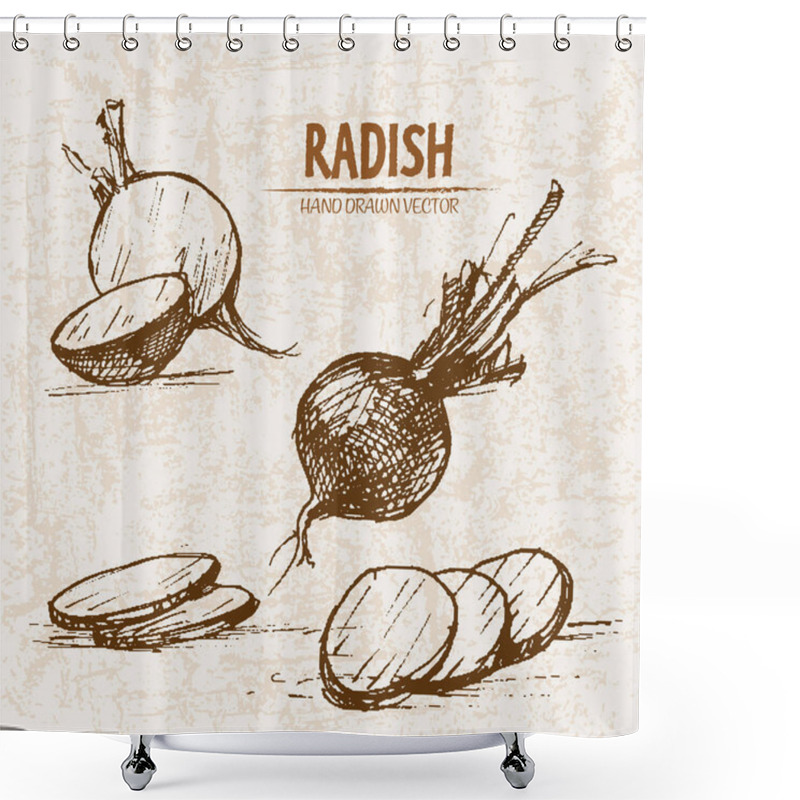 Personality  Digital Vector Detailed Line Art Radish Vegetable Shower Curtains