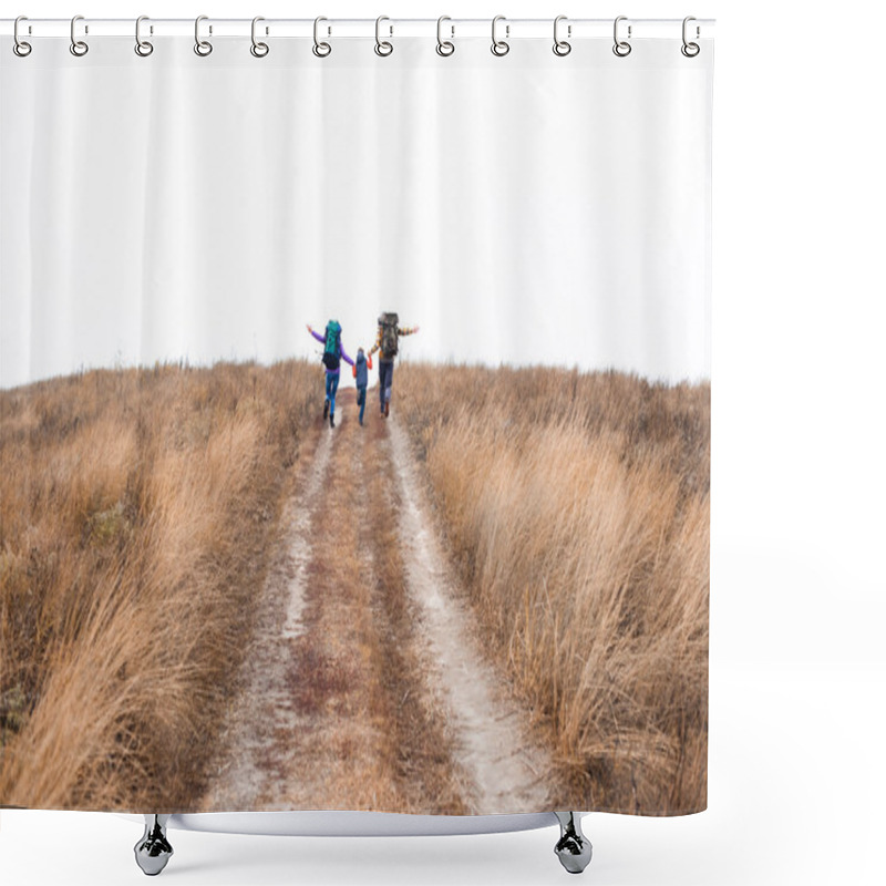 Personality  Family With Backpacks Running On Rural Path Shower Curtains