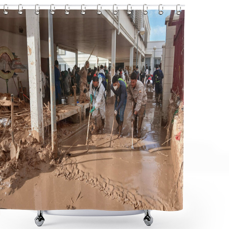 Personality  CATARROJA, SPAIN - NOVEMBER 9, 2024: View Of Devastating Floods In Valencia Caused By Torrential Rains On October 29 - 30. The Disaster Has Affected Several Towns, Such As Catarroja And Paiporta. Shower Curtains