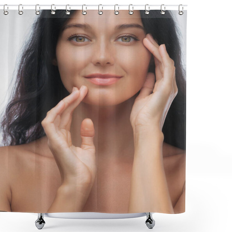 Personality  Close-up Of A Young Woman With Dark Hair, Radiant Skin, And Gentle Smile, With Hands Framing Her Face Against A White Background. Ideal For Beauty, Skincare, Wellness, And Natural Lifestyle Themes. Shower Curtains