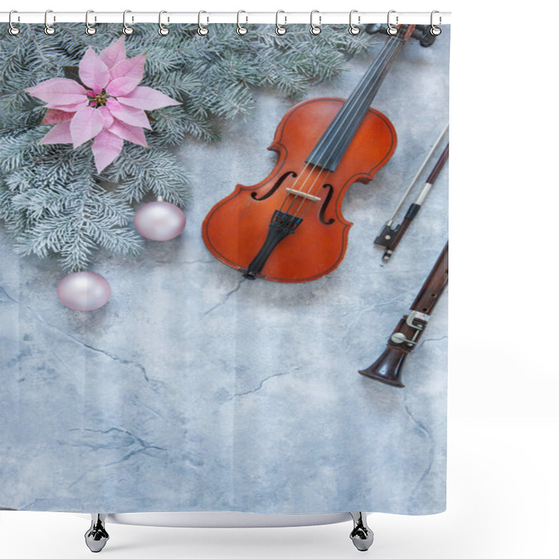 Personality  Old Violin And Flute With Fir-tree Branches With Gentle Pink Poinsettia Flower And Christmas Decor. Christmas And New Year's Concept. Top View, Close-up On Dark Concrete Background. Shower Curtains