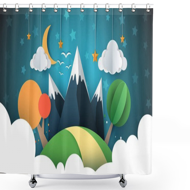 Personality  Paper Travel Illustration Sun, Cloud, Hill, Mountain, Bird. Shower Curtains