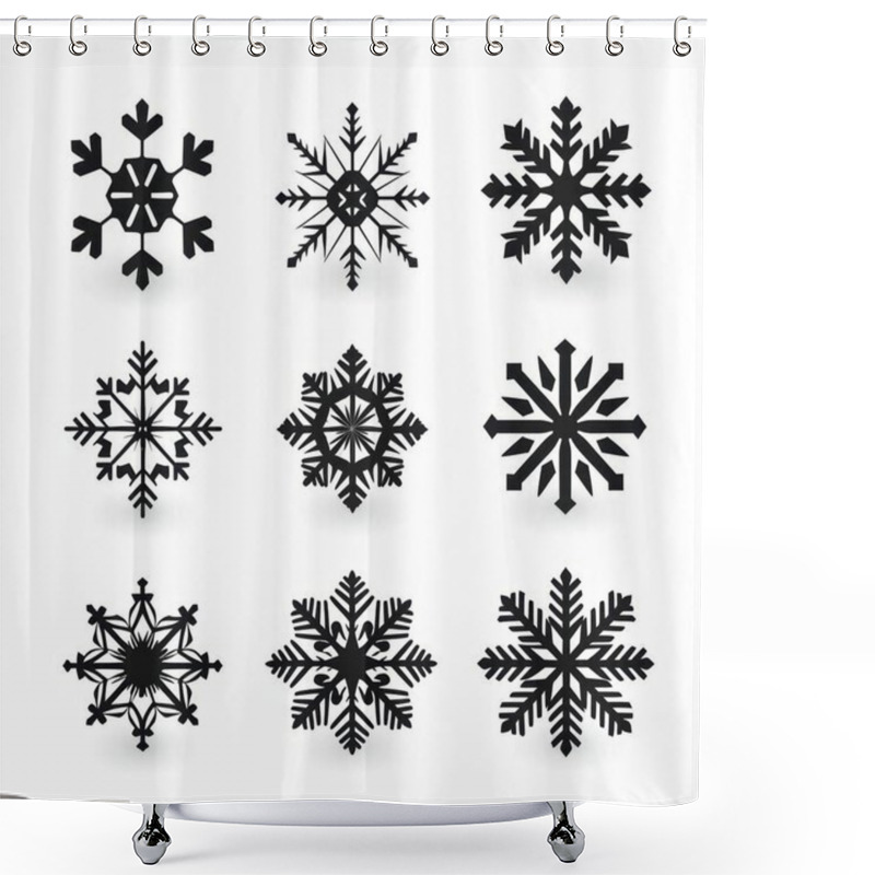 Personality  A Collection Of Nine Unique Black Snowflake Designs On A White Background, Showcasing Diverse Patterns And Styles. Shower Curtains