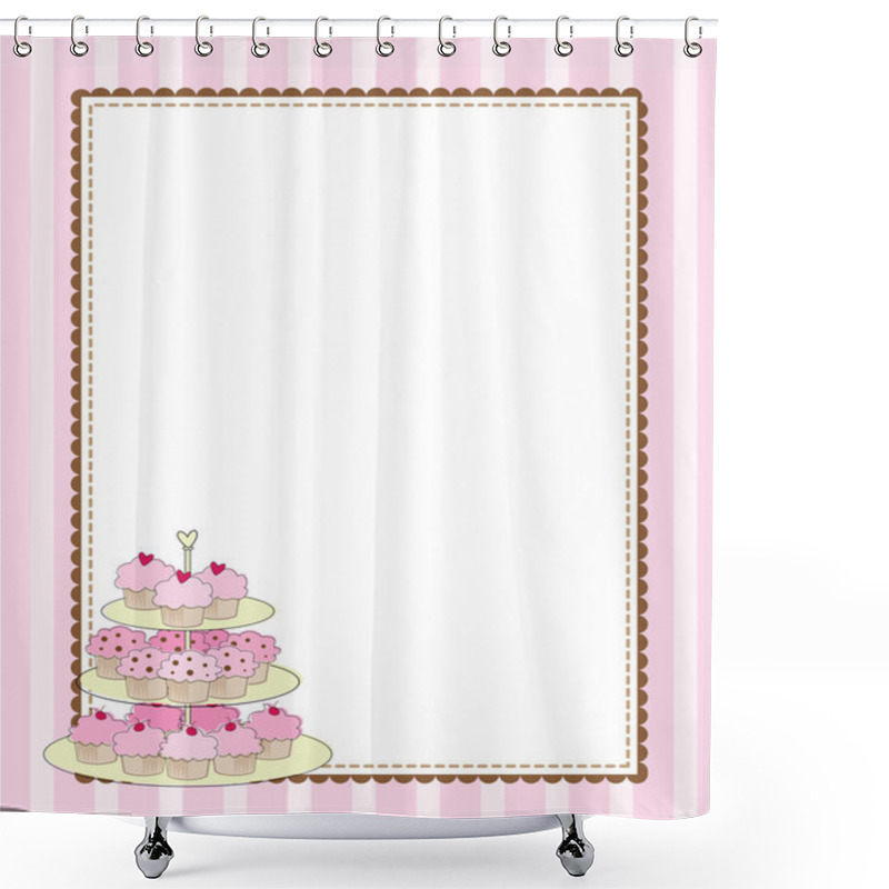 Personality  A Striped Border With A Tiered Tray Of Cupcakes Shower Curtains