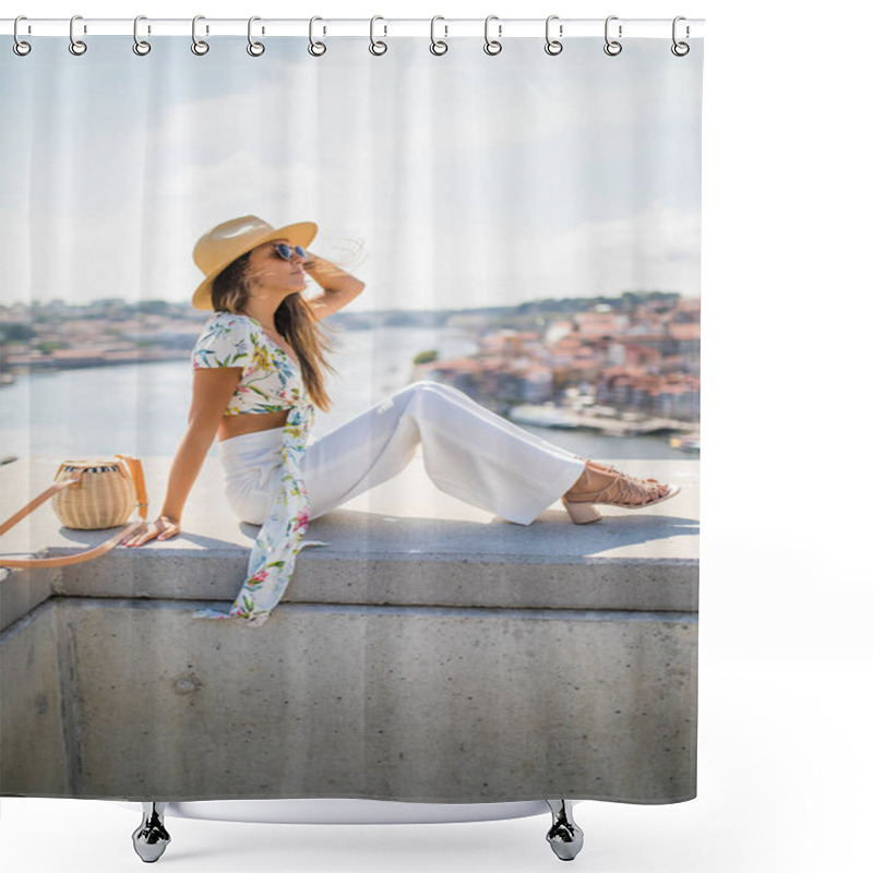 Personality  Young Woman Sitting On Ledge Watching The City Of Porto From Above, Portugal Shower Curtains