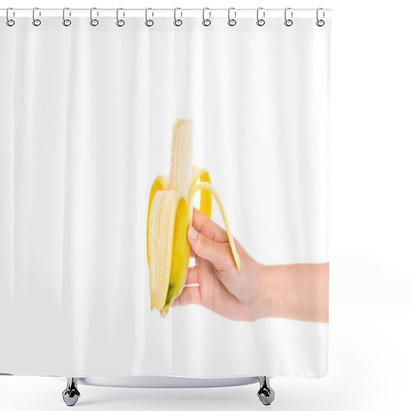 Personality  Cropped Shot Of Woman Holding Fresh Banana In Hand Isolated On White Shower Curtains