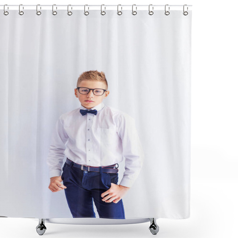 Personality  A Small Cheerful, Cute, Fashionable Blond Boy With Glasses Looks At The Camera Trying On Glasses.The Concept Of Health. Vision Correction. Ophthalmology. Shower Curtains