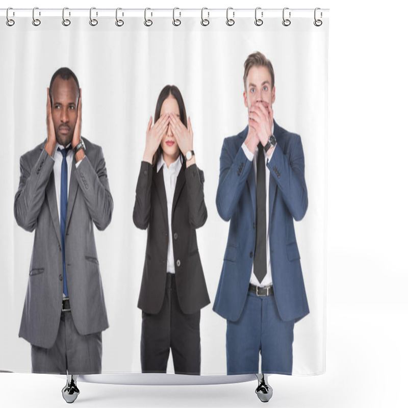 Personality  Portrait Of Multicultural Young Business People Covering Parts Of Faces Isolated On White Shower Curtains