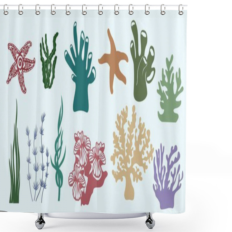 Personality  Algae, Corals, Kelp, (laminaria, Macrocystis, Brown Alga, Rockweed, Fucus, Posidonia). Vector Illustration. Set Of Paper Marine Animals Stickers. Laser Cut. Set Template For Laser Cutting, Plotter And Screen Printing. Vector Illustration. Sticker Set Shower Curtains