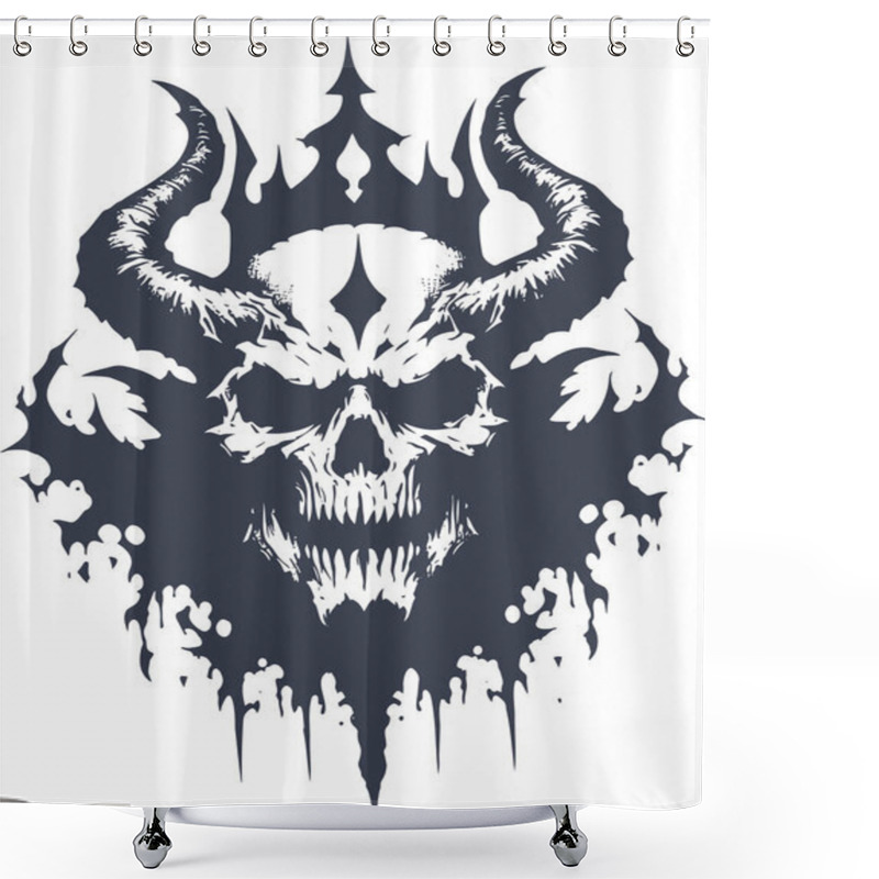 Personality  A Dark Gothic Style Illustration Of A Demonic Skull With Large Curved Horns And A Crown Like Structure Rendered In A Dripping Ink Splatter Technique Shower Curtains