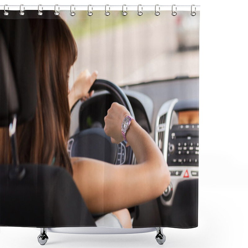 Personality  Woman Driving A Car And Looking At Watch Shower Curtains