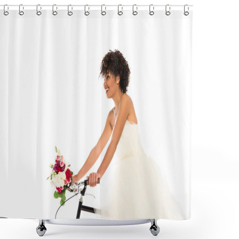 Personality  Low Angle View Of Attractive African American Bride In Wedding Dress Holding Flowers While Riding Bicycle Isolated On White  Shower Curtains