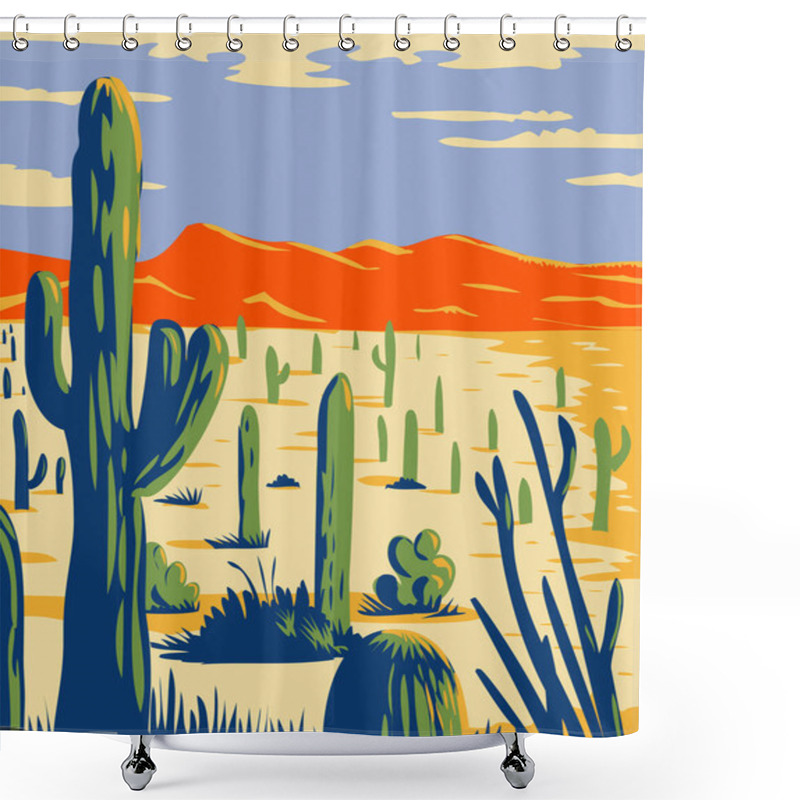 Personality  WPA Poster Art Of Saguaro National Park With Giant Saguaro Cactus Growing In Sonoran Desert In Pima County, Arizona, United States Done In Works Project Administration Or Federal Art Project Style. Shower Curtains