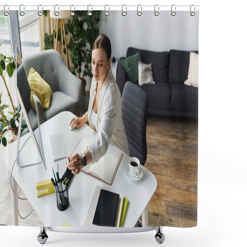 Personality  A Young Woman Focused On Her Tasks At A Modern Desk With A Computer, Surrounded By A Serene Home Environment. Shower Curtains