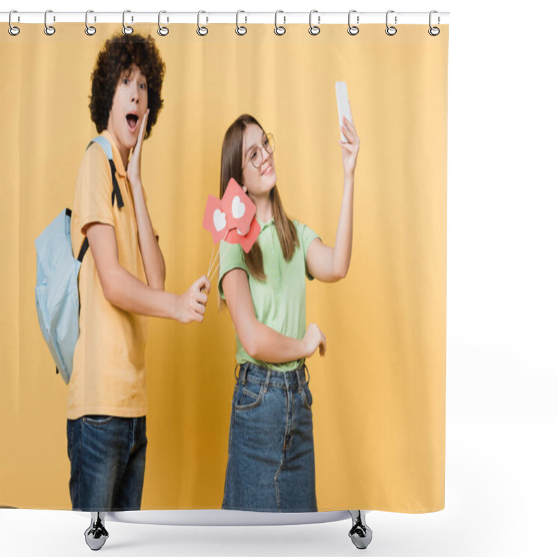 Personality  Excited Teenager Holding Paper Hearts On Sticks Near Smiling Friend Taking Selfie On Yellow Background Shower Curtains