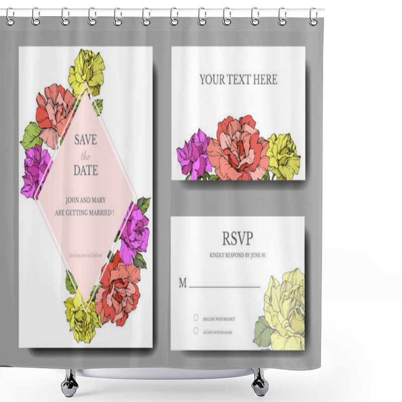 Personality  Vector. Coral, Yellow And Purple Rose Flowers On Cards. Wedding Cards With Floral Decorative Borders. Thank You, Rsvp, Invitation Elegant Cards Illustration Graphic Set. Engraved Ink Art. Shower Curtains