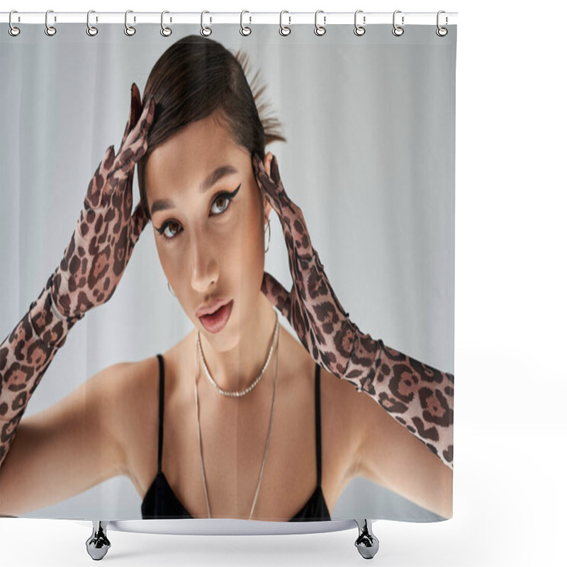 Personality  Spring Fashion, Portrait Of Appealing Asian Woman With Bold Makeup, Brunette Hair And Trendy Hairstyle Posing In Animal Print Gloves, Silver Accessories And Black Strap Dress On Grey Background Shower Curtains