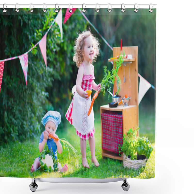 Personality  Little Kids Playing With Toy Kitchen In The Garden Shower Curtains