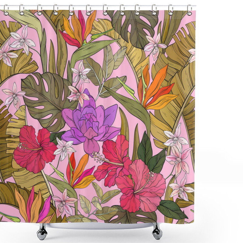 Personality  Seamless Tropical Pattern With Various Flowers. Hibiscus, Bird Of Paradise Flowers And Palm Leaves. Pink Background. Vector Illustration. Shower Curtains