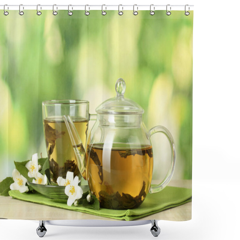 Personality  Green Tea With Jasmine In Cup And Teapot On Wooden Table On Green Background Shower Curtains