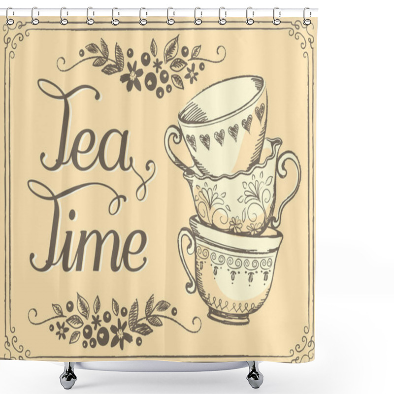 Personality  Illustration Tea Time With Cute Cups. Freehand Drawing. Sketch Shower Curtains