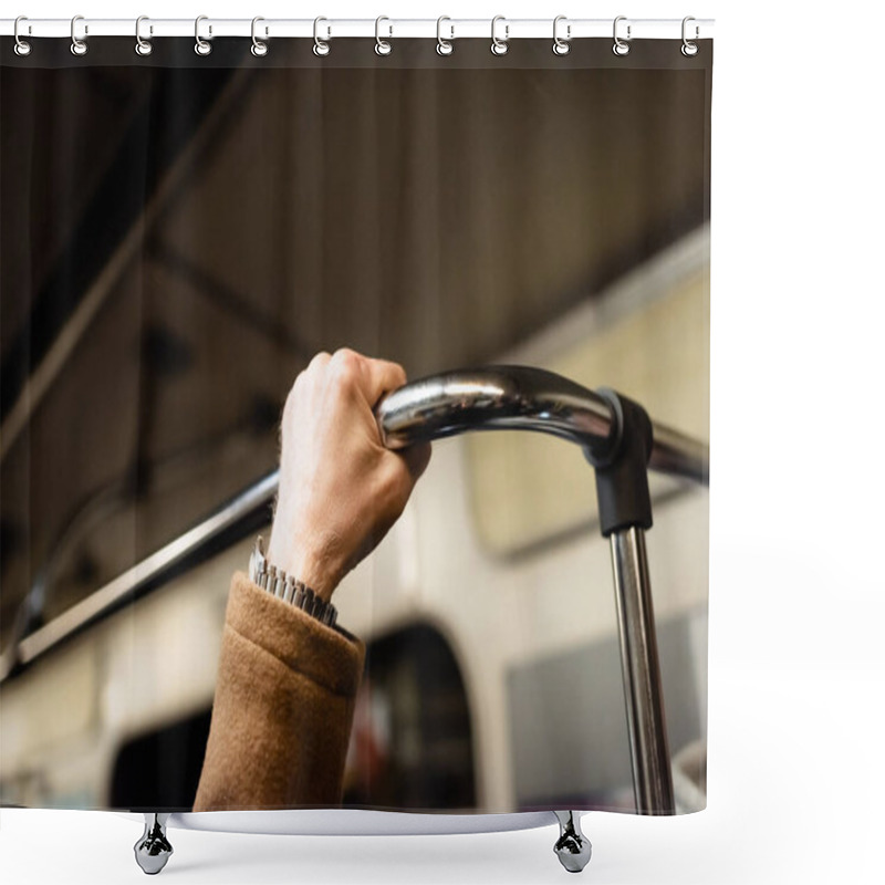 Personality  Partial View Of Senior Man Holding Handrail In Wagon Of Subway Train Shower Curtains