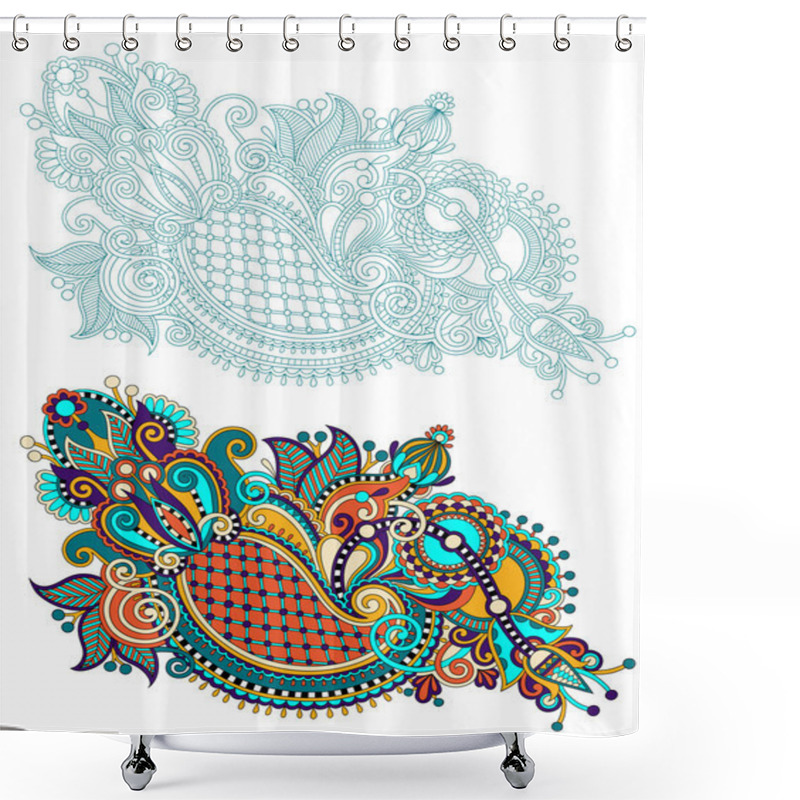 Personality  Original Hand Draw Line Art Ornate Flower Design. Ukrainian Trad Shower Curtains