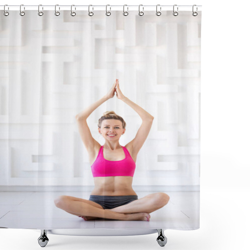 Personality  Woman Practices Yoga Indoors. Shower Curtains