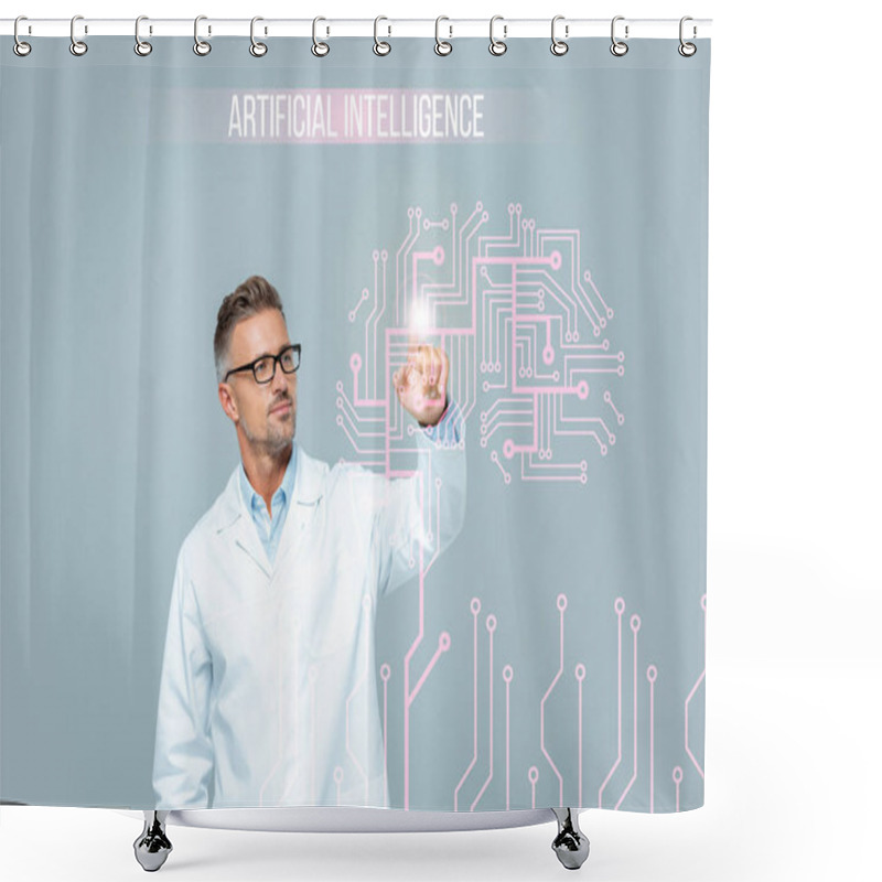 Personality  Handsome Scientist In White Coat Touching Brain Interface In Air Isolated On White, Artificial Intelligence Concept Shower Curtains