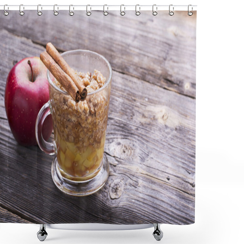 Personality  Quick Breakfast Snack For A Few Minutes In The Microwave. Traditional Apple Pie In  Mug With Whipped Cream Quickly Caramel Sauce In  Transparent  On  High Wooden Gray Background. Selective Focus Shower Curtains