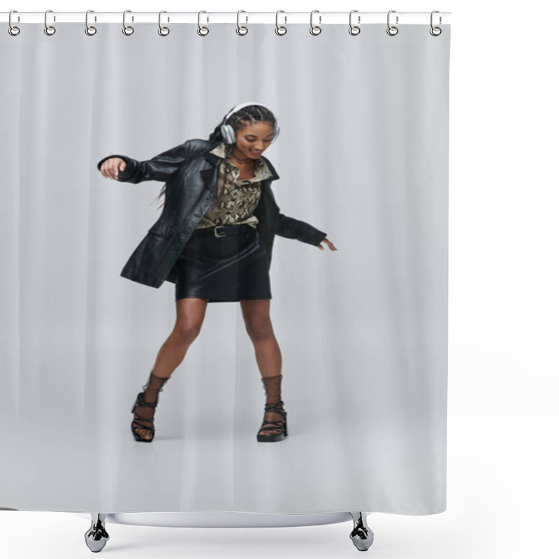 Personality  A Young Woman In Black Leather Attire, An Animal Print Shirt, And Headphones, Poses Confidently Against A Grey Background. Shower Curtains