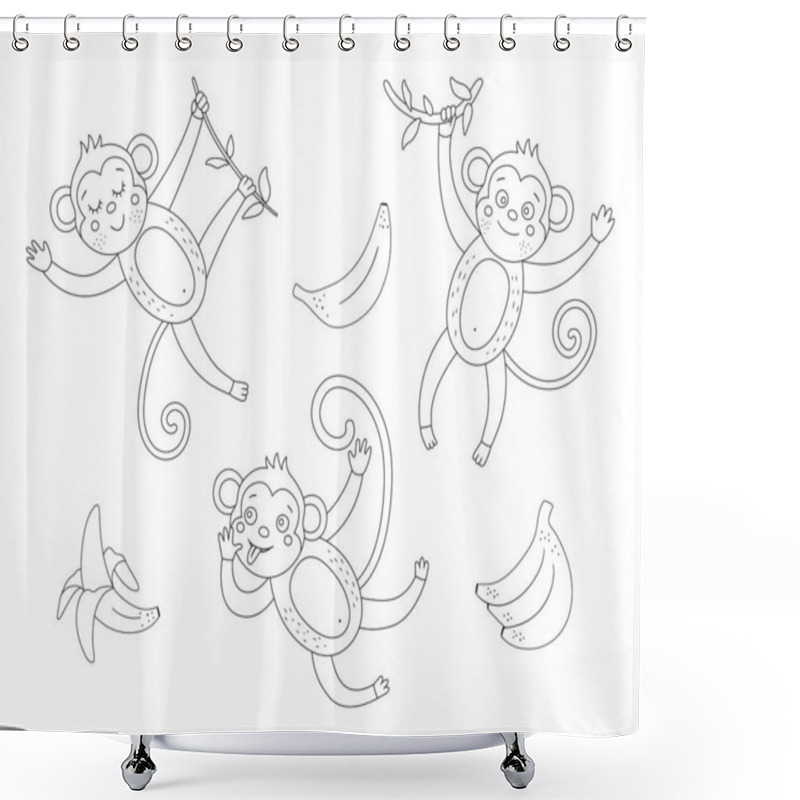 Personality  Vector Cute Monkey With Bananas Outline Set. Funny Tropical Exotic Animal And Fruit Black And White Illustration. Fun Coloring Page For Children. Jungle Summer Clip Art Collectio Shower Curtains