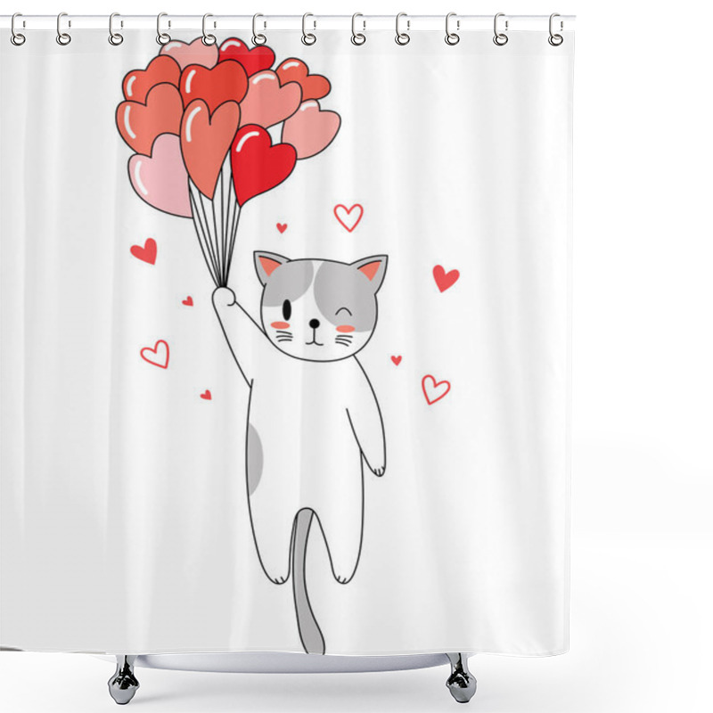 Personality  Cute Cat Valentine's Day, Kawaii Cat With Heart-shape Balloons Shower Curtains