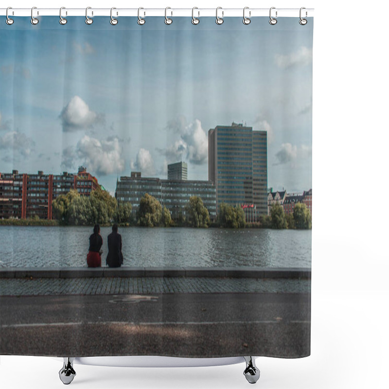 Personality  People Sitting On Promenade Near Canal With Buildings And Cloudy Sky At Background, Copenhagen, Denmark  Shower Curtains