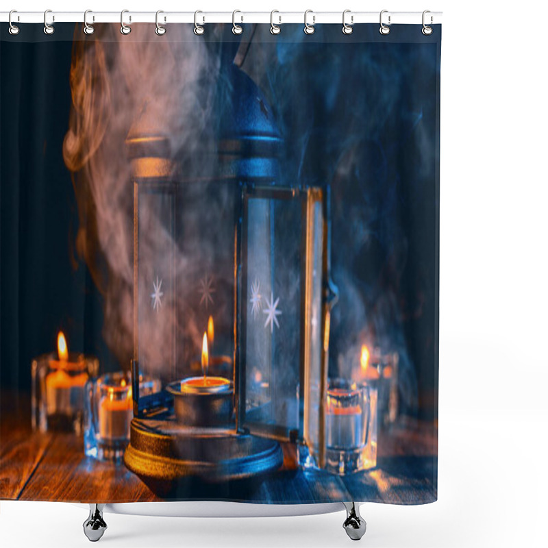 Personality  Halloween Holiday Concept Design Of Pumpkin, Candle, Spooky Decorations With Green Tone Smoke Around On A Dark Wooden Table, Close Up Shot. Shower Curtains