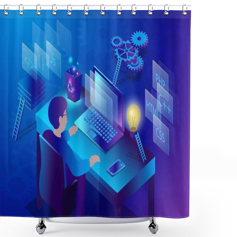 Personality  3d Isometric Digital Design Programing Software And Technologies. Man On The Computer Working At New Website Design. Shower Curtains