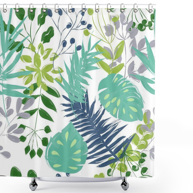 Personality  Seamless Pattern Of Blue And Green Plants On A Black Backgroun Shower Curtains