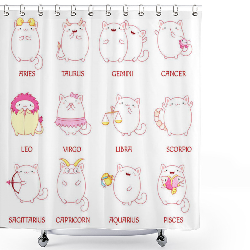 Personality  Feline Horoscope. Set Of Zodiac Sign Character In Kawaii Style. Cute Cats In Costume Of Aquarius, Pisces, Aries, Leo, Gemini, Taurus, Scorpio, Sagittarius, Libra, Virgo, Capricorn, Cancer. Vector EPS8 Shower Curtains