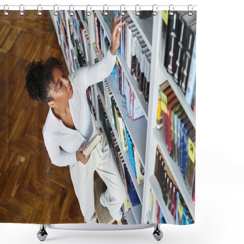 Personality  An Enthusiastic Teacher Reaches For Books On A High Shelf While Preparing For Her Class. Shower Curtains